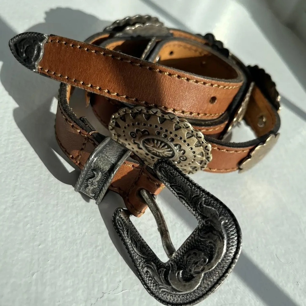 Vintage Doppia Vita Brown Leather Belt Ornate Metal Accents S
